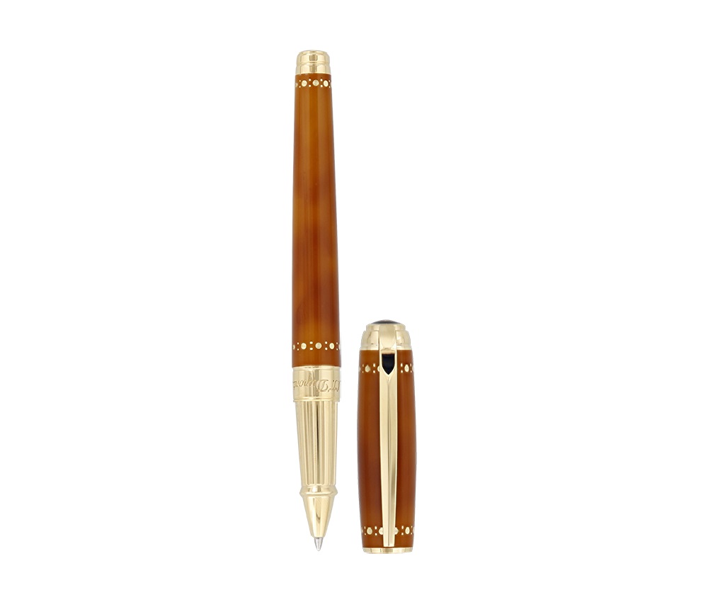 S.T. Duopont Large Derby Line D Atelier Brown Natural Lacquer &amp; Gold Finish Rollerball Point Pen